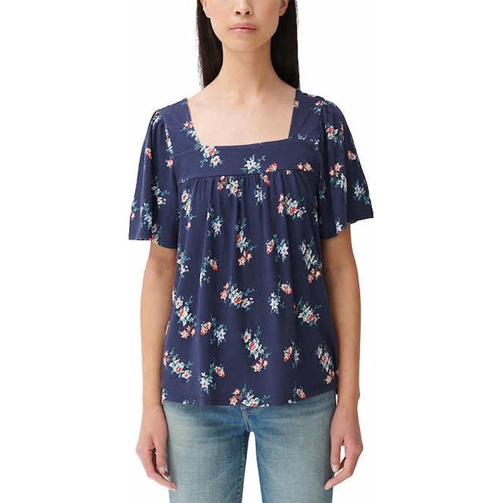 Lucky Brand Top Women's XXL Navy Blue Floral Square Neck Flutter Sleeve Cotton
